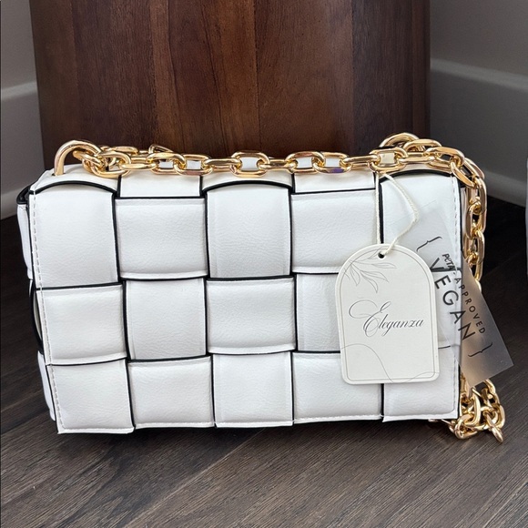 eleganza Handbags - Eleganza Vegan Leather Flap snap top,double gold chain,black weave pattern